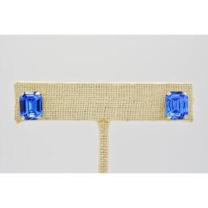 Vintage Stud Earrings Blue Rhinestone Crystal Prong Baguette Silver Tone BinH